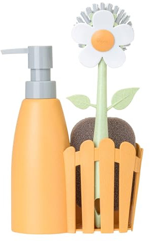 Vigar - Set Fregadero - Pack Soporte, Cepillo Lavaplatos, Esponja - ‎7 x 14 x 26.5 cm - Flower Power - Con Dispensador - Bandeja de 3 Piezas - Naranja