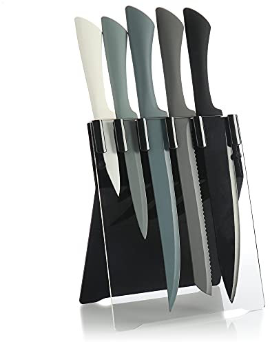 COM-FOUR® 5x Juego de cuchillos con soporte - cuchillos de acero inoxidable para cocina - cuchillos de cocina (Set7-5 piezas - bloque de cuchillos)