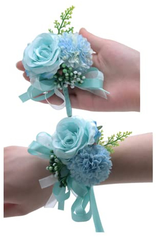 Rikyo Juego de 2 ramilletes de muñeca y boutonniere de rosas – Flor de seda hecha a mano para novia, dama de honor, baile, regreso a casa (azul)