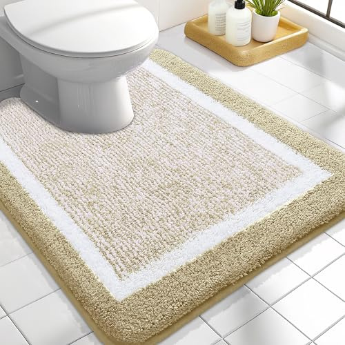 OLANLY Toilet Rugs U-Shaped 24x20, Extra Soft and Absorbent Microfiber Bathroom Rugs, Non-Slip, Machine Wash Dry, Plush Shaggy Contour Bath Mats for Toilet Base, Beige
