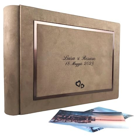 Álbum de fotos artesanal elegante de tela alcántara, personalizable con grabado, ideal para bodas, aniversarios, comuniones, bautizos y todos los eventos (Camel)