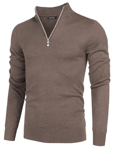 Aotoyou Pull Homme Hiver Chaud Tricot Coupe Ajustée Fermeture Eclair 1/4 Pull d'hiver Chaud en Tricot à Manches Longues Marron XXL