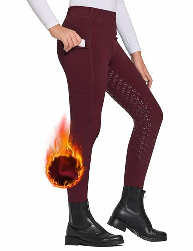 FitsT4 Sports Girls Winter Riding Pants Fleece Lined Riding Breeches Kids Full Seat Equestrian Pants Tights with Pockets Wine,XL
