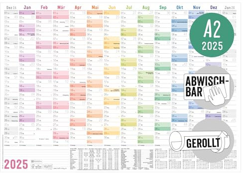 Häfft® abwischbarer Wandkalender 2025 A2 gerollt, 59,4 x 42 cm Rainbow 14 Monate: Dez 2024 - Jan 2026, Wandplaner mit Feiertags- und Ferien-Übersicht - nachhaltig & klimafreundlich