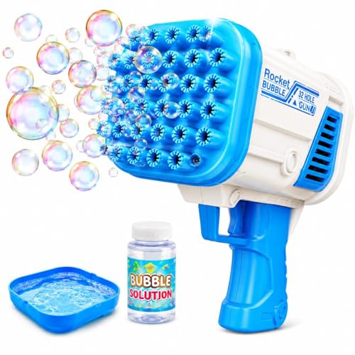 ASAB Bubble Machine 32 Hole Bubble Gun for Kids Boys Girls Easy to Use Battery Powered Handheld Bubble Maker with Bubble Tray and Bubble Solution Bottle Bubble Blower Birthday Party Toy (BLUE/WHITE)