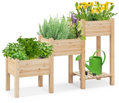 RELAX4LIFE Fioriera da Esterno a 3 Livelli in Legno con Ripiano, Orto Rialzato con Fori di Drenaggio, Scaffale Aperto per lo Stoccaggio, Fioriera da Giardino per Piante, Frutta, Verdura, Fiori, Erbe