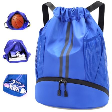 Rudmox Sports Drawstring Backpack, Waterproof Swim Gym String Bag with Shoe Compartment Anti-thief Zipper Pocket for Men Women,Soccer Basketball Bag for Travel or Fitness (Sky Blue)