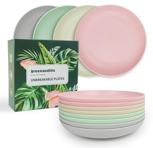 greenandlife lot de 8 assiettes, assiette en plastique réutilisable de 25 cm, assiettes lavables au lave-vaisselle et au micro-ondes, incassables et légères