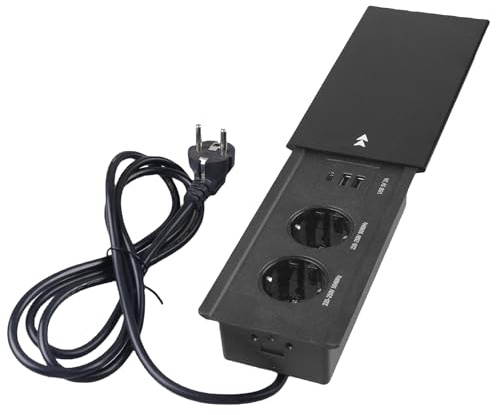 GOEDCH Inbyggt uttag på bänkskivan: Skjutlock skrivbordsuttag med 2 uttag med USB och typ C, infälld multikontakt 1,8 m kabel för kök och kontorsskrivbord