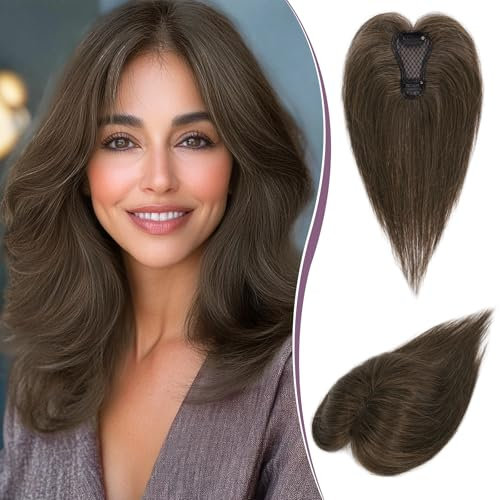 RUWISS Topper Capelli veri Donna Capelli Umani veri e Leggeri Castano Clip in Posticci per Capelli per Capelli Diradati Fluffy Straight Hair Topper Senza Frangia