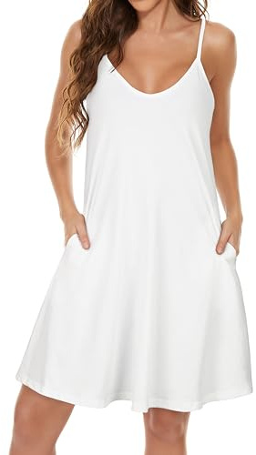 florynova Summer Dresses for Women Spaghetti Strap Sundress Casual Sleeveless Beach Dress with Pockets(White,L)