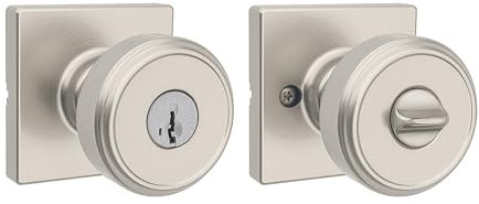 Kwikset Maven - Pomo de puerta de entrada con cerradura y llave, manija segura con llave exterior, entrada frontal cuadrada y dormitorio, níquel satinado, resistente a las púas, seguridad SmartKey