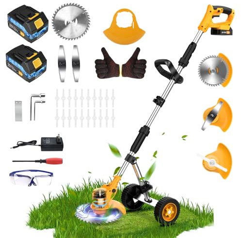 21 V Desbrozadora Eléctrica con 2000 mAh Batería y Cargador 3 Cuchillas Recortadora Cortacésped con Ruedas 4 en 1 Desbrozadora a Batería Cortabordes Electrico