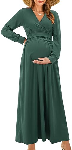 OUGES Robe Longue Maxi à Manches Longues et Col en V avec Poches Collection pour Femmes Enceintes et Allaitantes-M