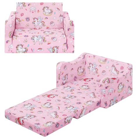 alldomess Comfy Kids Sofa Bed, 2-In-1 Foldable Children Chair Bed For Girls Boys, Convertible Sofa To Lounger Single Sofa Bed Chair For Kids Bedroom Playroom,Unicorns Candies