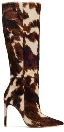 DOEYG Brown Cow Print Knee High Boots for Women Animal Pointed Toe Heeled Stiletto Boots Dressy Fashion Tall Boot with Side Zipper Size 7