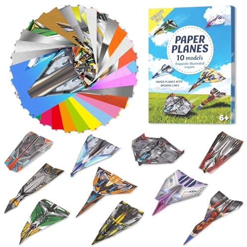 AluAbi Paper Aeroplane Kit for Kids 6-12 60 Sheets Guide and Video | Origami Set for Kids 6-12 with 30 Printed and 30 Solid-Colour Sheets, 10 Designs, Book and Gift-Ready Box