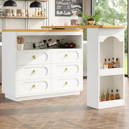 ModernLuxe 360° Rotating Bar Table, Expandable Kitchen Island with Ample Storage, Built-in Spice Rack, 6 Spacious Drawers and Open Shelves, Multifunctional Breakfast Bar Table, White, 137-203x39x90cm