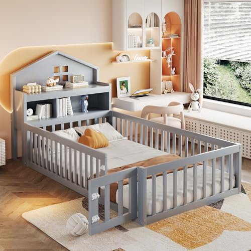 BXEYXE Cuna de 90 x 200 cm, marco de madera maciza, con estantes y espacio de almacenamiento, con rejilla de protección y puerta, con listón de cuadros, con somier, color gris