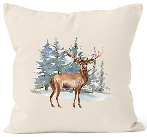 Autiga Kissenbezug Weihnachten Hirsch Deer Winterlandschaft Schnee Watercolor Natur 40cm x 40cm