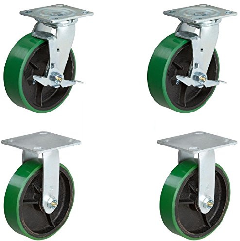 CasterHQ Set of 4 Heavy Duty Casters - 6 x 2 Heavy Duty Caster Set - 2 Swivel with Brake and 2 Fixed - Green Polyurethane Tread on Steel Core - Set of 4 Quality Toolbox Replacement Casters - 4 Pack