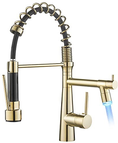 TIMACO Gold LED Küchenarmatur mit Spiralfeder 360° Schwenkbare Spültischarmaturen mit Zwei Auslauf, Wasserhahn Küchen & Brause ausziehbar- Hochdruck