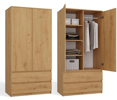 CDF Kleiderschrank 90 cm breit Zweitüriger Flurschrank 2 Schubladen mit Regalen und Kleiderstange für Schlafzimmer Kinderzimmer Kleiderschränke Laminierte Platte 16 mm Robust - Eiche Artisan