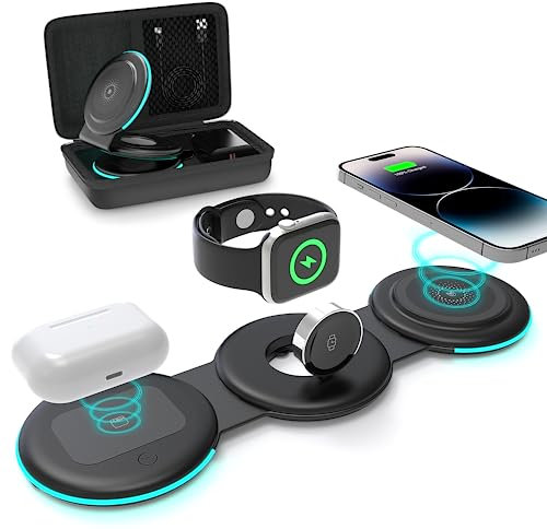3 in 1 Faltbar Induktive Ladestation,Magsafe Kabelloses Ladegerät für Apple Watch und iPhone 16/15/14/13/12/11/Pro Max/Mini/XS/XR,Wireless Charger für Apple Watch 9/8/7/6/SE/5/4/3/2, AirPods Pro/2/3