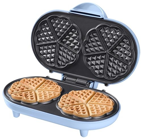 Bestron Gofrera en forma de corazón, Gofrera doble en diseño retro, para dos gofres, con revestimiento antiadherente, Colección Sweet Dreams, 1200 vatios, color: azul
