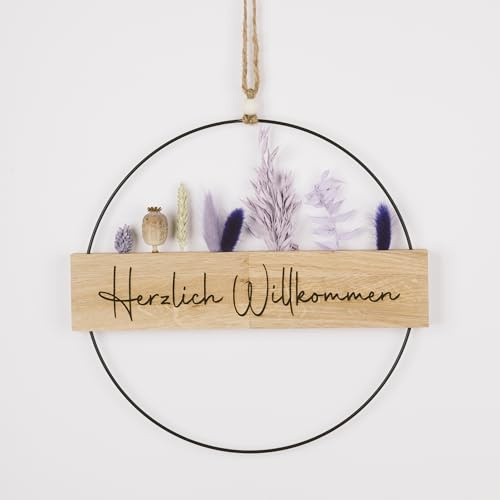 Türkranz Haustür mit Trockenblumen I Dekokranz ganzjährig I Willkommenskranz mit Herzlich Willkommen graviert I Türdekoration außen & innen I personalisierbar (Trockenblumen Lila, Metallring 30cm)