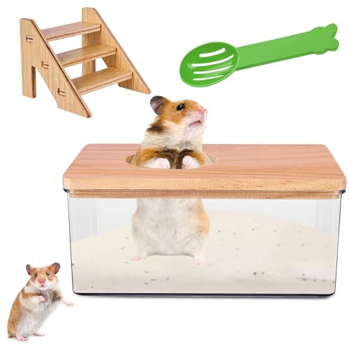 Nizirioo Transparentes Sand-Badezimmer für Hamster, Hamster Sandbadbox mit Leiter und Naturholzabdeckung und Schaufel, Hamster Badewanne Box, Haustier Hamster Badezimmer, für Hamster(Quadrat)