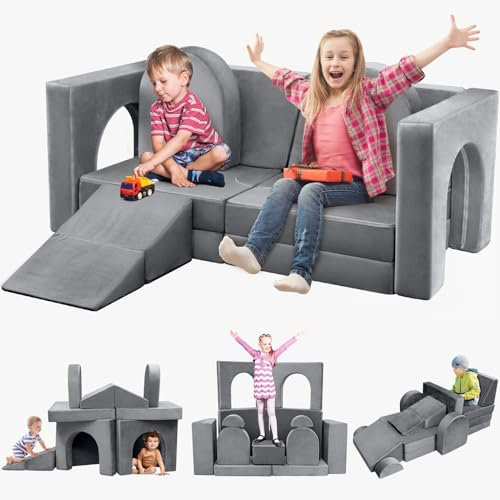 Aukdin 14PCS Modular Play Couch for Toddler Kids Playroom Bedroom, 500+ DIY Kids Couch Boost Creativing Playing Sleeping Reading for Boys Girls Teens (Grey)