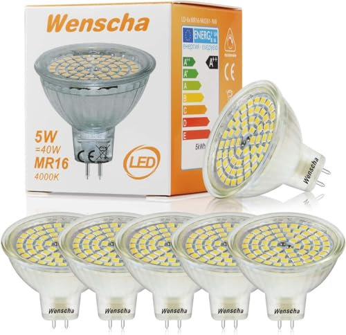 Wenscha MR16 LED lampen GU5.3 12V 3.5W leuchtmittel Ersatz für 35W Halogen 2800K Warmweiß 400lm Glasgehäuse strahler Flimmerfrei 120° Abstrahlwinkel birne Nicht dimmbar (6er-Pack)