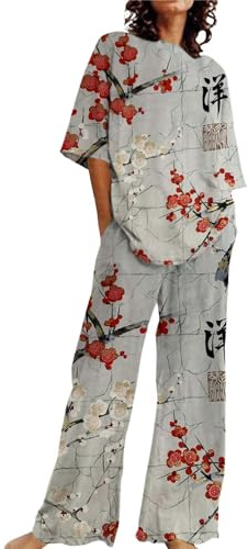 Generico Vestaglia O Kimono Donna Abiti Estivi per Donna 2 Set di Lino in Cotone T-Shirt Oversize Pantaloni a Gamba Dritta Tuta Taglie Forti Pigiama Donna 7XL (Grey, L)