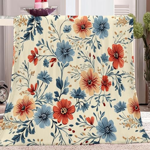 Kuscheldecke Weich Sherpa Cremefarben Flanelldecke Vintage Blumen warme Sofadecke geeignet als Geburtstagsgeschenk 180 x 220 cm Bedruckte Decke für alle Jahreszeiten