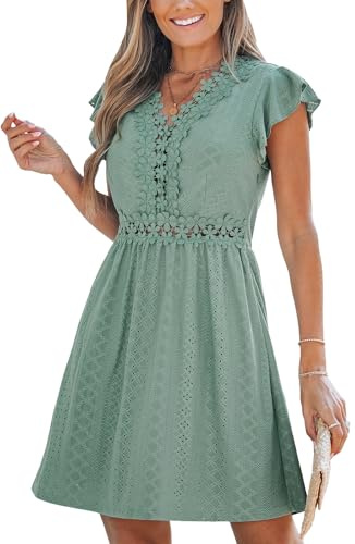 CUPSHE Robe d'été décontractée pour femme, col en V, appliques en dentelle, manches courtes, mini robe de plage