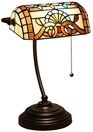 Stile Lampada da tavolo da banchiere tradizionale lampade da scrivania in vetro color barocco con impianto di interruttore a catena a trazione, base di zinco antico per la scrivania del soggiorno