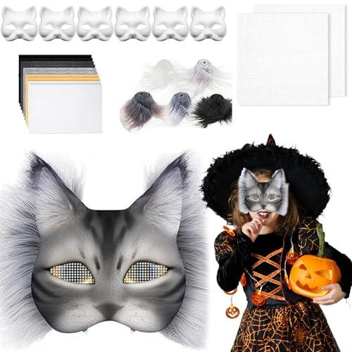 Pesoncarl Masker för barn, kit för masktillverkning, kattmask med masker, hår och nät, gör-det-själv tom therian för maskerad, smink, karneval, konst och hantverk för barn