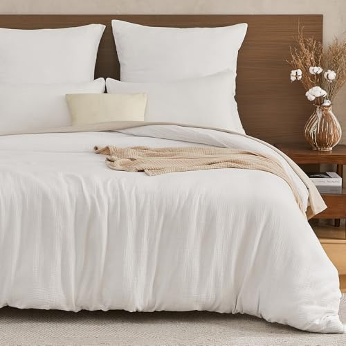 EMME Ropa de cama de muselina, 100 % algodón, ropa de cama de verano, funda nórdica de 200 x 200 cm y 2 fundas de almohada de 80 x 80 cm, color blanco, con certificación Oeko-Tex
