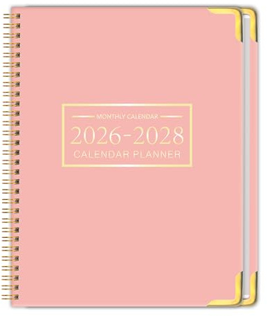 Monthly Planner 2026-2028, Hardcover with Metal Corner 3 year calendar 2026-2027-2028 Calendar Book from Jan 2026 - Dec 2028, 9“ x 11”, Spiral Bound,Organizer for Office, School, and Home, Pink