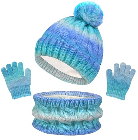 TMEOG Kids Hat Scarf Gloves Set 3 in 1 Knitted Outdoor Sports Winter Accessories Thermal Toddler Gloves Snood Bobble Hat Age 3-10 Girls Gradient Blue-White