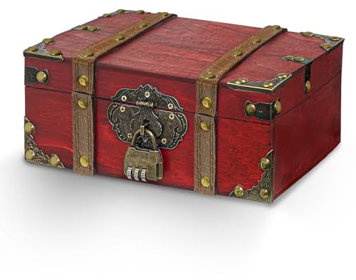 xiaowanwan Scrigno del Tesoro Vintage,Forziere Tesoro 23.5 x 16 x 9.5cm,Scatola Tesoro in Legno per Feste Accessori, Contenitori e Decorazioni (Rosso)