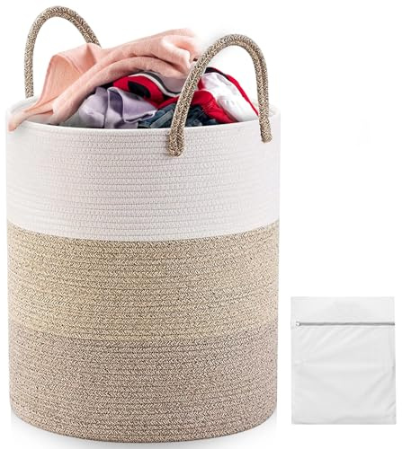 Cesto per il bucato in corda di cotone, 58L – Con 2 borse per il bucato, manici rinforzati, ideale per bucato, giocattoli e coperte(Bianco/Beige/Marrone)