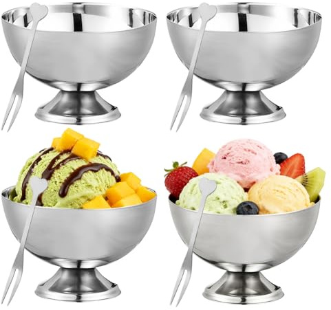 Tutamaz Vasos de helado de acero inoxidable, 4 unidades, cuencos de postre, copas de cóctel, cuencos de postre con pie, cuenco de postre pequeño reutilizable, cuenco para servir helado, sorbete