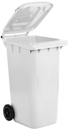 Cubo de HDPE (polietileno de alta intensidad) para uso externo de 240 litros, 58 cm de ancho x 73 cm de largo x 107 cm de alto, peso: 16 kg, Color blanco