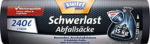 Swirl Profi Schwerlast-Abfallsäcke mit Zugband, 240 Liter, Reißfest, 3 x 5 Stück, Schwarz