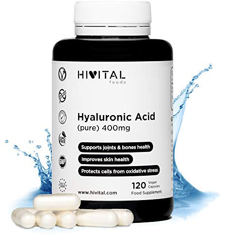 Acido Ialuronico puro 400 mg. 120 capsule vegane per 4 mesi di trattamento. Ialuronato di Sodio al 90% di origine vegetale, elevata concentrazione e biodisponibilità. Prodotto in Europa da HIVITAL