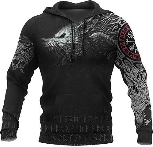 HFUHLK Viking Thors Hammer tröja, nordisk mytologi Wolf Streetwear Casual Hoody Hoodie, 3D heltäckande tryckt unisex långärmad tröja sweatshirt