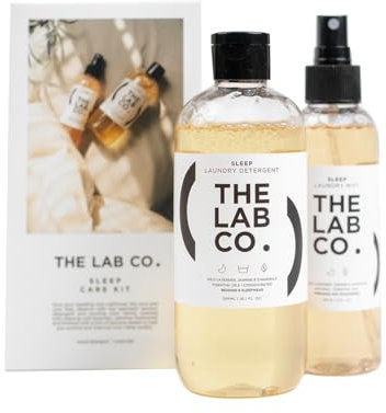 The Lab Co. Sleep Care Kit. Non Bio Laundry Detergent Wash 300ml and Fabric Deodoriser Freshener Mist Spray 150ml for bedding, sleepwear and pillows. Lavender & Chamomile.