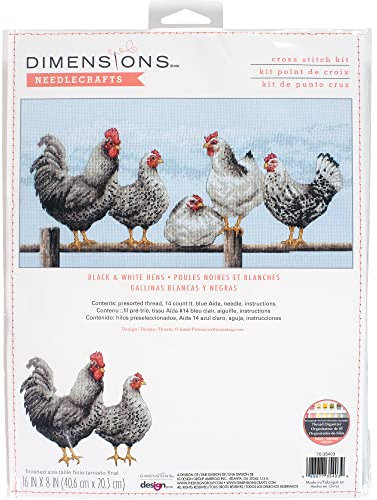 Dimensions Kreuzstich-Set, Hühner-Zählmuster, 14 Karat, hellblaues Aida-Tuch, fertiges Projekt, 40,6 x 20,3 cm, mehrfarbig, 4 Stück